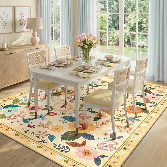 RELEANY Floral Washable 9x12 Area Rugs Ivory/Yellow | Flower Carpet Print Boho - Image 6