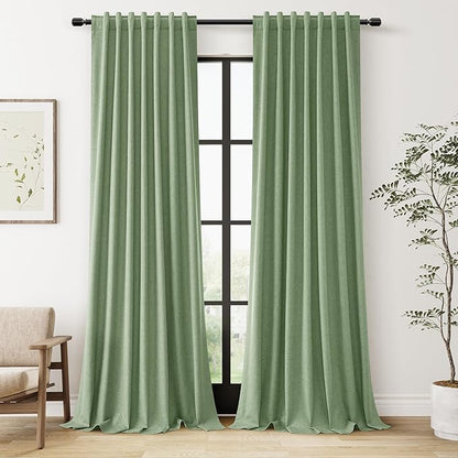 Light Sage 100% Blackout Linen Curtains 108 Inch Length 2 Panels Set by Guken