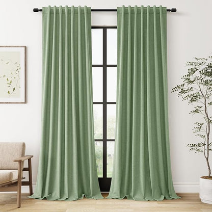 Light Sage 100% Blackout Linen Curtains 120 Inch Length 2 Panels Set by Guken