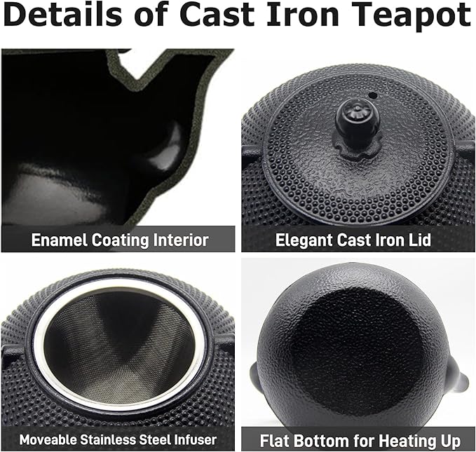 Japanese Tetsubin Tea Kettle Set with Cups, Cast Iron Teapot with Stainless Steel Infuser and Enameled Interior (900ml)