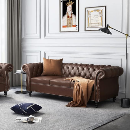 ORRD 2 Piece Living Room Set, Chesterfield Leather Sofa Loveseat Couch - Image 7