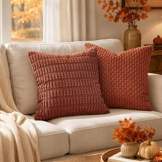 MIULEE Fall Euro Corduroy Decorative Throw Pillow Covers 22x22 Dark Rust | Pack - Image 2