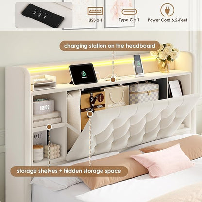 Queen Bed Frame with Drawers, Hidden-Cubby & Shelves Storage Headboard with - Image 4