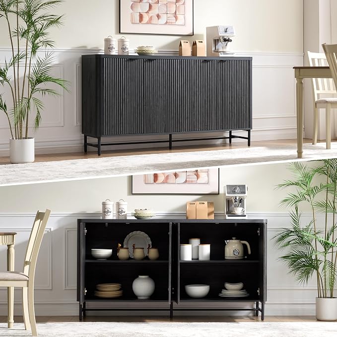 Fatmok 65" Buffet Cabinet with Storage, Fluted Credenza Sideboard with 4 Doors - Image 6