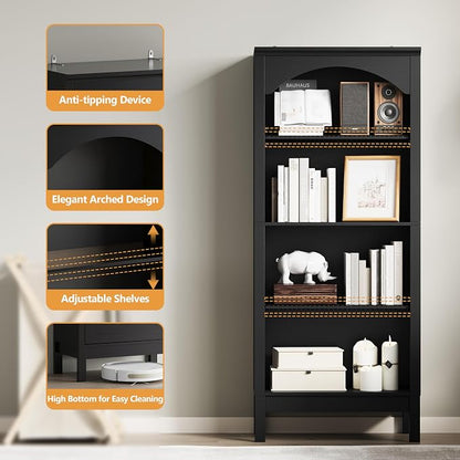 Arched Bookshelf with 4 Tier Open Shelves, Study and Living Room, Modern Black - Image 5