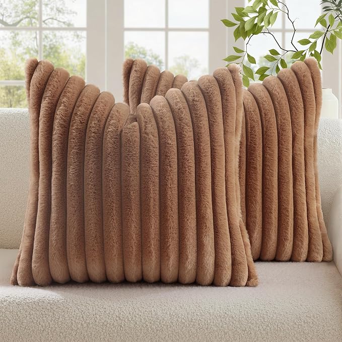 decorUhome Fall Faux Fur Throw Pillow Covers 24x24 Set of 2 Brown | Decorative by decorUhome