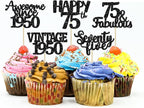 Gyufise 30 Pack black Glitter 75th Birthday Cupcake Toppers Vintage 1950 Cake Toppers Hello 75 Cake Topper Sixty Five 75 & Fabulous Cupcake Picks 75th Birthday Cake Decorations Supplies