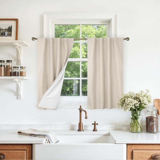 Full Blackout Linen Curtains for Kitchen Windows Over Sink 30 Inches | Oatmeal by LAMIT
