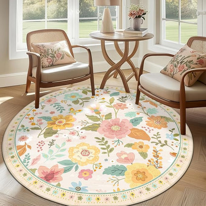 RELEANY Floral Washable Round 8ft Area Rug Beige/White/Orange | Flower Carpet - Image 9