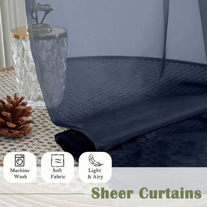 Navy Blue Sheer Curtains 96 Inches Long 2 Pcs, Light Filtering Window Curtains - Image 8