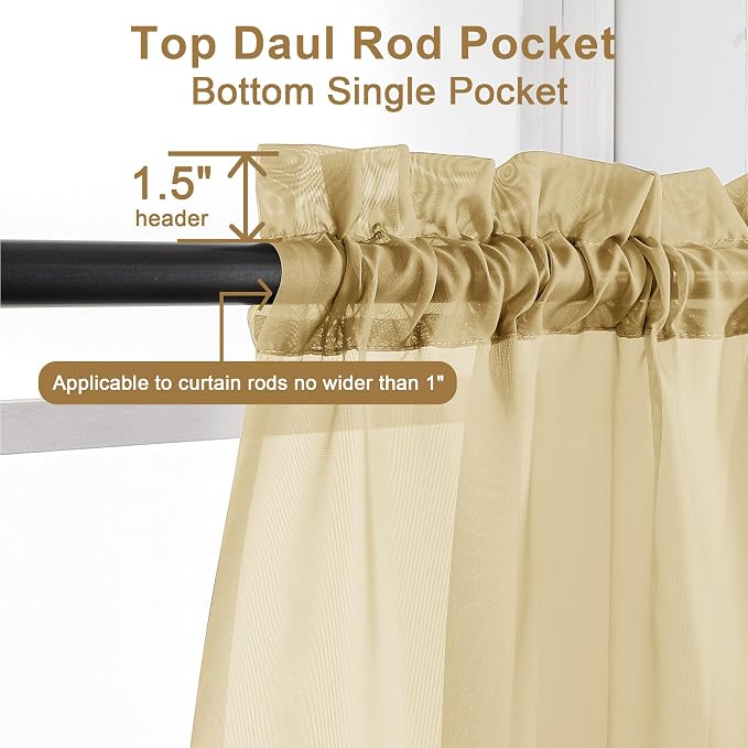Chyhomenyc Gold Sheer Curtains 54 Inch Long 2 Panels Set, Short Voile Rod - Image 2