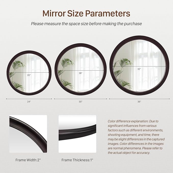 Round Wood Mirrors 30 Inch, Rustic Decorative Transitional Dark Walnut Wall - Image 6