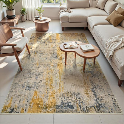 Area Rug 4x6 Beige Rug Washable Boho Rugs Non Slip Low Pile Abstract Small - Image 2