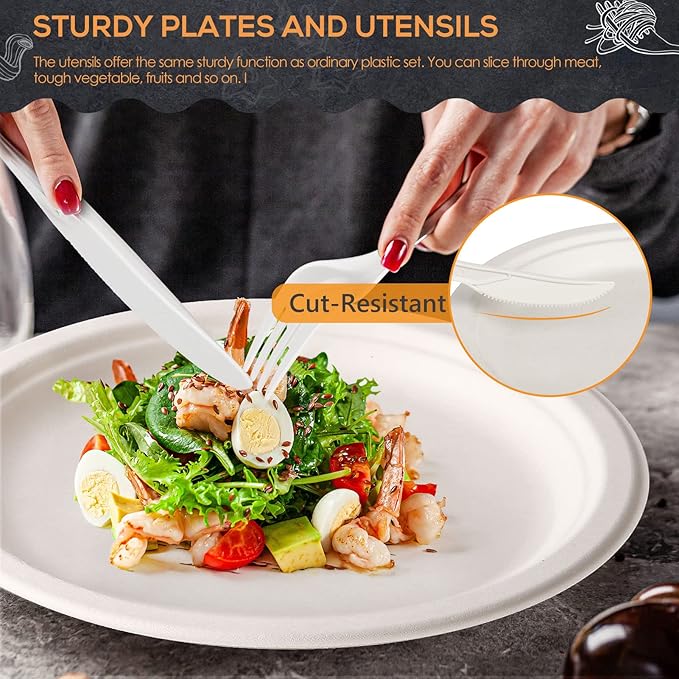 Gezond Compostable Paper Plates 250pcs Disposable Plates Heavy-Duty Paper Plates Biodegradable White Plates for Party Sugarcane Plates Cornstarch Forks Knives Spoons for 50 Guests