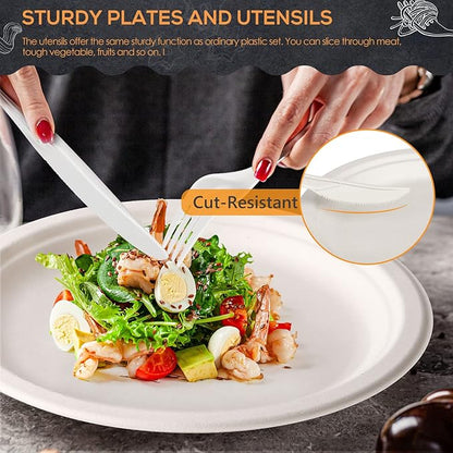 Gezond Compostable Paper Plates 250pcs Disposable Plates Heavy-Duty Paper Plates Biodegradable White Plates for Party Sugarcane Plates Cornstarch Forks Knives Spoons for 50 Guests