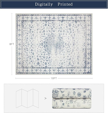8x10 Washable Area Rugs for Living Room, Dining Room- Blue White | Retro Floral - Image 2