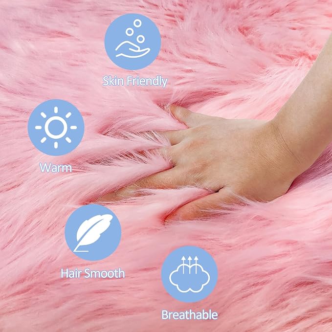 4 Ft Fluffy Round Pink Rugs for Bedroom Girls, Plush Faux Sheepskin Fur Rug for - Image 4