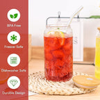 Joyclub Glass Cups with Bamboo Lids and Straws 8 Set 16 oz Reusable Iced Coffee Cup Beer Can Drinking Jars for Smoothie Whiskey Boba Soda Tea Gift