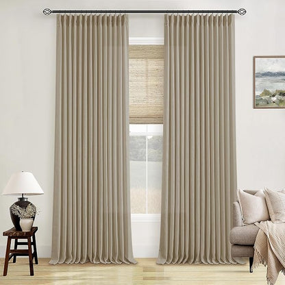Extra Long Pinch Pleated Linen 108 Inch Curtains Tan Brown 2 Panels Set | Grey - Image 9