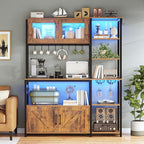 Itaar Bakers Rack with Power Outlet and LED Light, 45.3 Inch Farmhouse Coffee Bar Cabinet, Kitchen Microwave Stand with Storage, Glass Cabinet, Goblet Holder and 8 Hooks (Rustic Brown)