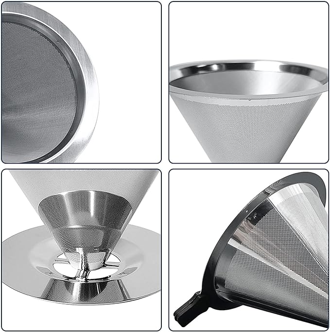 Pour Over Coffee Dripper-Stainless Steel Coffee Filter,Reusable Drip Cone Coffee Filter Portable Pour for 1-4 Cup (With Base, S)