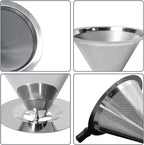 Pour Over Coffee Dripper-Stainless Steel Coffee Filter,Reusable Drip Cone Coffee Filter Portable Pour for 1-4 Cup (With Base, M)