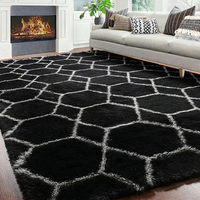Area Rugs for Living Room, 7x10 Fluffy Black and White Modern Bedroom Rug | - Image 5