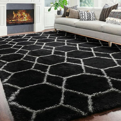 7x9 Area Rugs for Living Room Bedroom, Fluffy Black and White Geometric Rug | - Image 6