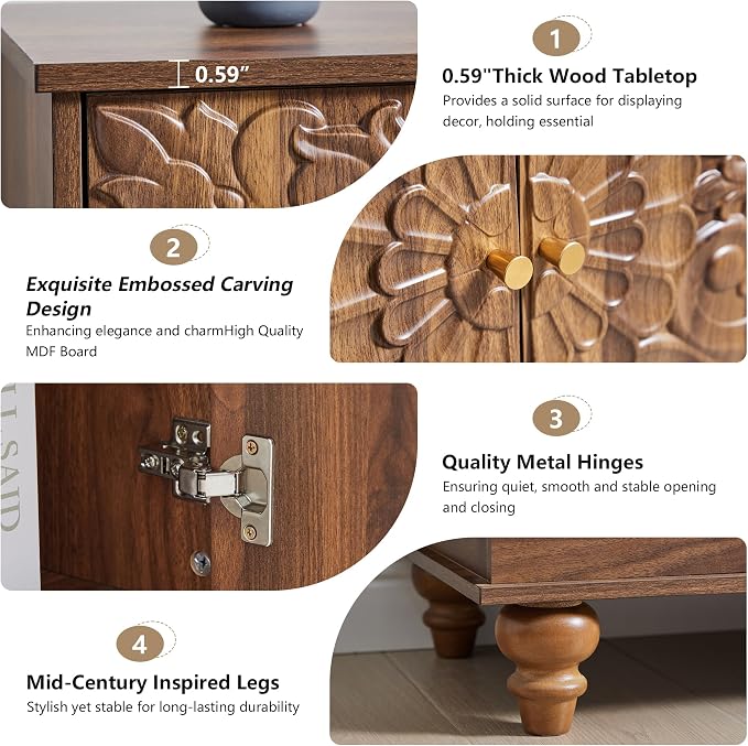 weselon Accent Cabinet Set of 2, Farmhouse Carved Storage Sideboard Buffet - Image 5