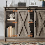 4 EVER WINNER Farmhouse Coffee Bar Cabinet with Sliding Barn Door, 42” Coffee Bar Table with Adjustable Shelves, Buffet Cabinet with Storage for Kitchen Living Dining Room, Wash Grey