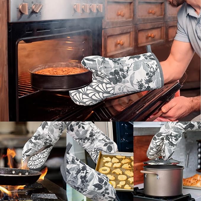 Thumb Oven Mitts, Heat and Slip Resistant Silicone Kitchen Mittens 2-Pack Set, Foliage Textured Flower Soft Long Oven Gloves, Flexible Thick Potholders for Safe Baking Cooking and Gr (Grayish)