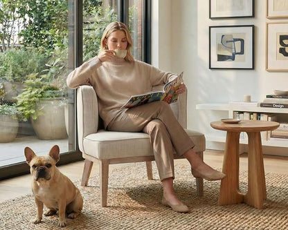 Beige Barrel Chair with Solid Wood Frame, Small Round Accent Chair, Comfy Linen by LIVINOVA