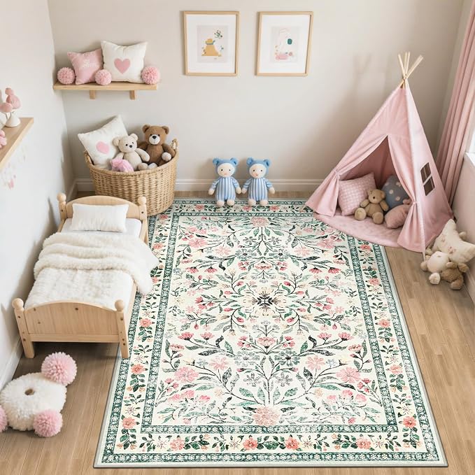 PLHXFR Area Rug Living Room: 5x7 Floral Washable Boho Carpet Green Beige | - Image 5