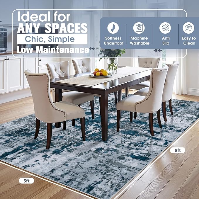 5x8 Area Rugs for Living Room Washable Bedroom Dining Room Navy Grey | Modern - Image 2