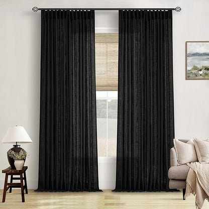 Black Pinch Pleated Linen Semi Sheer 90 Inch Curtains 2 Panels | Light Filtering by Twodrapes