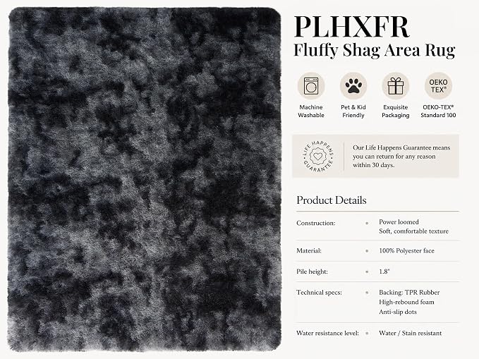 PLHXFR 5x7 Area Rugs Living Room: Fluffy Bedroom Soft Shag Rug Black Grey | - Image 4