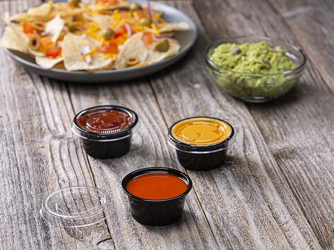 (2 oz - 100 Sets) Black Diposable Plastic Portion Cups With Lids, Small Mini Containers For Portion Controll, Jello Shots, Meal Prep, Sauce Cups, Slime, Condiments, Medicine, Dressings, Crafts