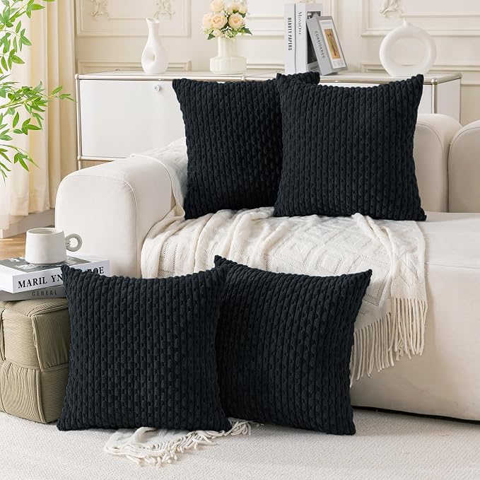 Set of 4 Black Decorative Throw Pillow Covers 20x20 Inch Corduroy Pillow Covers by Cozoomy