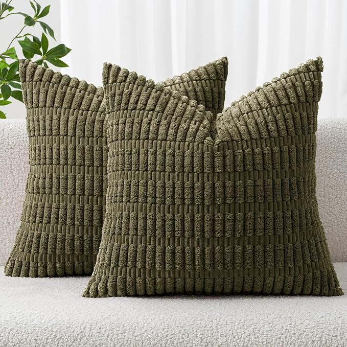 MIULEE Corduroy Decorative Throw Pillow Covers 18x18 Olive Green Pack of 2 | by MIULEE