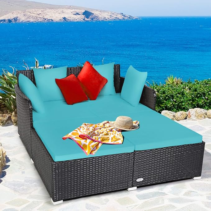 COSTWAY Outdoor Patio Rattan Daybed, Sponge Cushioned Loveseat Sofa - Image 2