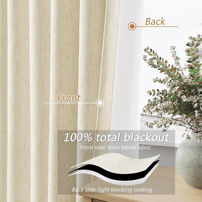 Warm Beige 100% Blackout Linen Curtains 102 Inch Length 2 Panels Set - Image 4