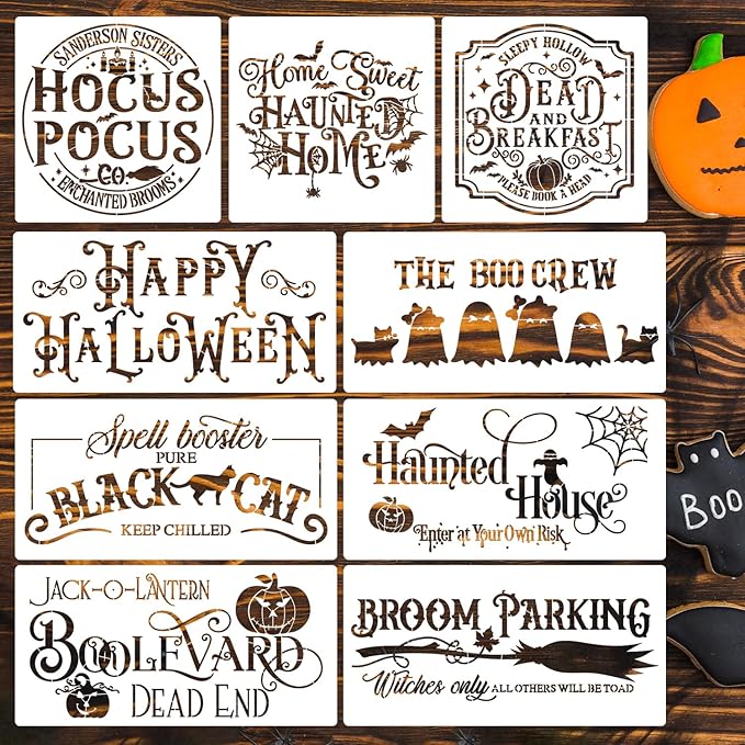 Halloween Stencils for Painting on Wood Reusable Halloween Doormat Stencils Hocus Pocus Boo Family Draw Templates for Wood Signs Walls Windows Fabrics T-Shirt DIY Crafts Decor