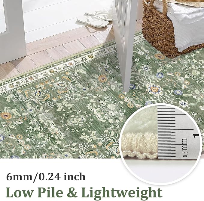 Yamaziot 3x8 Washable Hallway Runner Rug Non Slip Floral Carpet, Sage Green | - Image 2