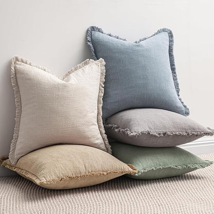 MIULEE Linen Fringe Decorative Euro Throw Pillow Covers Light Blue 26x26 | Set - Image 5