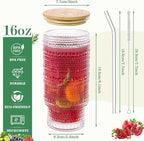 16 Oz Glass Cups with Lids and Straws, Vintage Embossed Glassware for Whiskey Cocktail Beer, Iced Coffee Cup with Lid, Glass Tumbler (4 PACK)