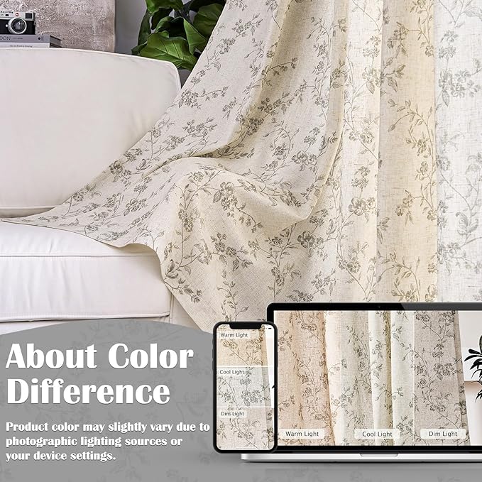 Extra Long Grey Vintage Floral Linen Curtains Farmhouse 2 Panels | Elisa Series - Image 5