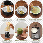 Matcha Whisk Set, 7 Pcs Matcha Kit, Ceramic Matcha Set Includes Matcha Bowl with Spout, Matcha Whisk and Holder, Bamboo Scoop, Scoop Rest, Sifter and Tea Towel (Onyx Black)