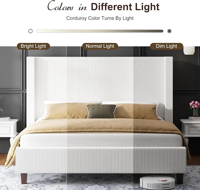 HOWE Queen Size Bed Frame with 50.8" Tall Wingback Headboard, Modern Corduroy - Image 7