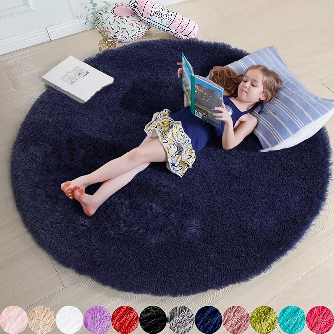 Amdrebio Dark Navy Blue Round Fluffy Area Rug 5Ft by Amdrebio