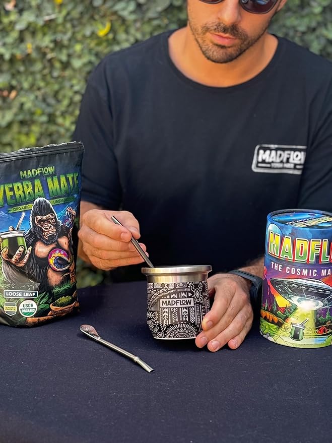 MADFLOW Yerba Mate Cup. Stainless Steel Mate Cup with 2 Bombillas. Double Wall Vacuum Insulated Yerba Mate Gourd. Unique Mate Cup And Bombilla Set